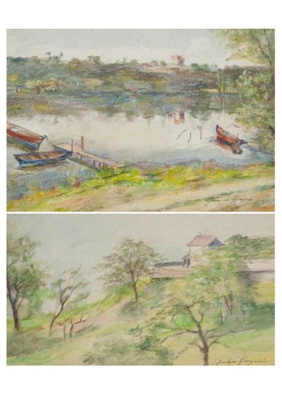 JEANNE GONZALÈS (1856-1924) 

Paysages lacustre et vallonné.

Deux aquarelles sur...