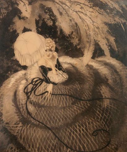 Louis ICART (1888-1950) 

Femme à l'ombrelle. 

Pointe sèche sur papier. 

Signée...