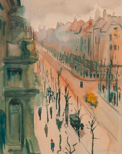 Lucien ADRION (1889-1953) 

Vue d'une rue de Paris, 1930. 

Aquarelle sur papier....