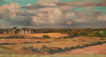 Jacques DERREY (1907-1975) 

Paysage au château et aux haies, sous un ciel nuageux,...