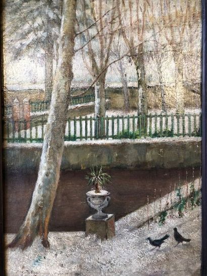 PAUL MADELINE (1863-1920) 
Jardin en hiver.
Huile sur carton.
Signé en bas à gauche
40...
