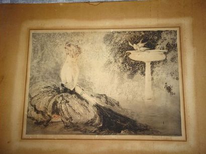 Louis ICART (1888-1950) 
Jeune femme regardant deux colombes sur une fontaine. 
Lithographie...