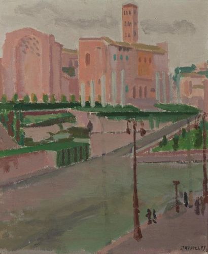 Jules CAVAILLES (1901-1977) 
Vue du Forum depuis le Colisée, 1926.
Huile sur toile.
Signée...