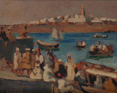 Yves BRAYER (1907-1990) 
Le port de Salé, Maroc, 1928.
Huile sur panneau.
Signé,...