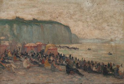 Narcisse GUILBERT (1878-1942) 
Dieppe, la plage, après-midi d'été.
Huile sur toile.
Signée...