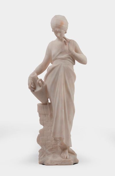 Guglielmo PUGI (c. 1850-1915) 

Rebecca au puits.

Sculpture en albâtre blanc. 

Signée...