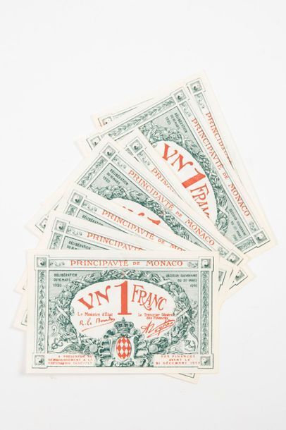 MONACO 
7 billets de 1 Franc, Série C. 
Neufs...