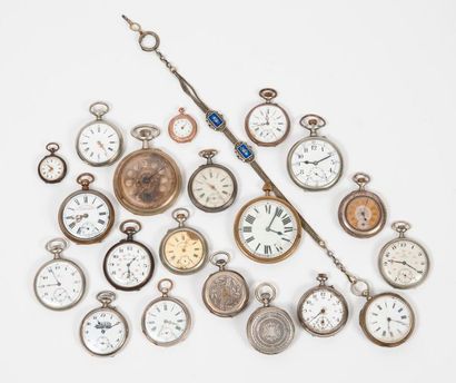 null Set of gusset watches, railway regulators and neck watches in silver plated...