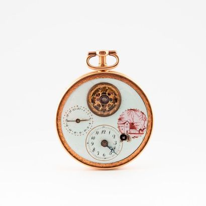 null Pocket watch in pink gold (750).
White enamelled dial with visible rooster at...
