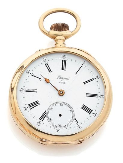 BREGUET Pocket watch in yellow gold (750).
Back cover with plain bottom.
White enamelled...