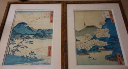null Deux estampes japonaises encadrées : 

- Vol de grue au dessus d'un paysage...