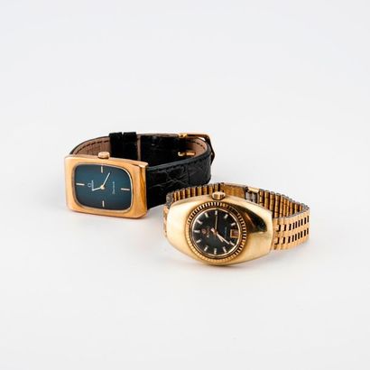 Two wristwatches:

- an OMEGA

Rectangular...