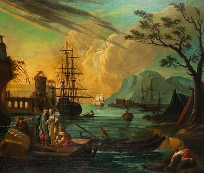 Suite de Claude Joseph VERNET (1714-1789) 
Boarding scene at sunset.
Oil on canvas....