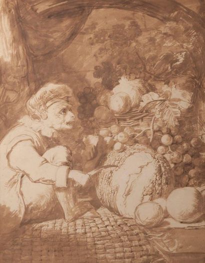 ECOLE FRANCAISE DU XIXème siècle 
Singe découpant une pastèque.
Lavis brun et rehauts...