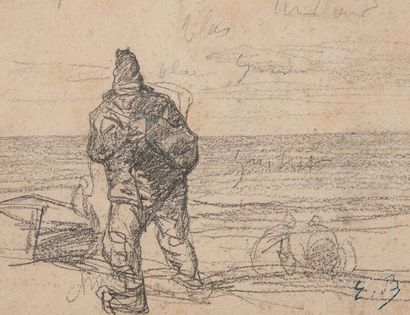 Eugène BOUDIN (1824-1898) 
Pêcheurs près d'une barque.
Mine de plomb sur papier.
Cachet...