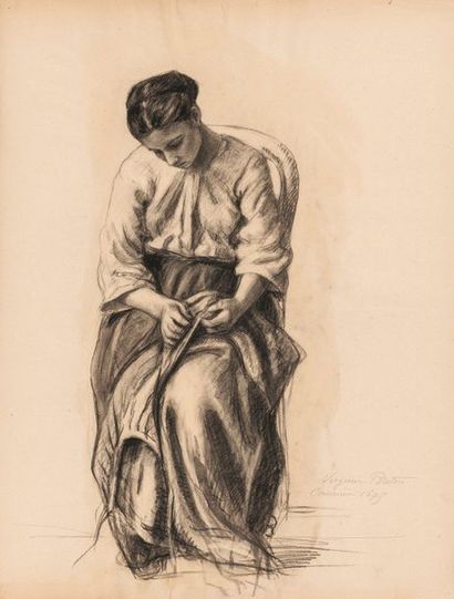 Virginie DEMONT-BRETON (1859-1935) 
Femme cousant.
Mine de plomb et fusain.
Signé,...