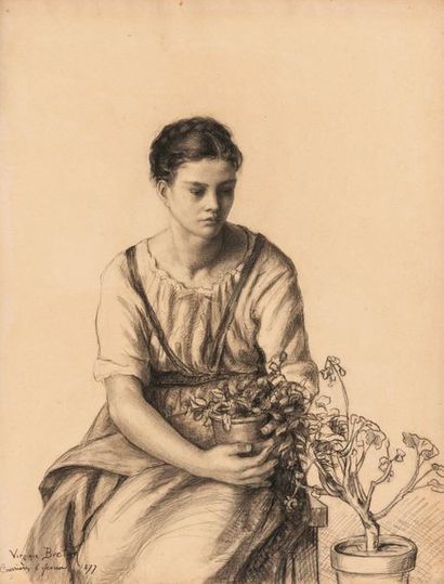 Virginie DEMONT-BRETON (1859-1935) 
Jeune fille assise près d'un géranium, tenant...