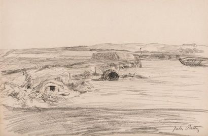 Jules BRETON (1827-1906) 
Cabane du pêcheur à Wissant.
Dessin à la mine de plomb...