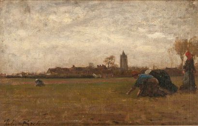 Jules BRETON (1827-1906) 
Sarcleuses devant le clocher de Courrières.
Huile sur toile.
Signée...