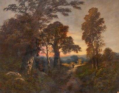 Paul ASTIER (XIX-XX) 
Fagotière en chemin, soleil couchant.
Huile sur toile.
Signée...