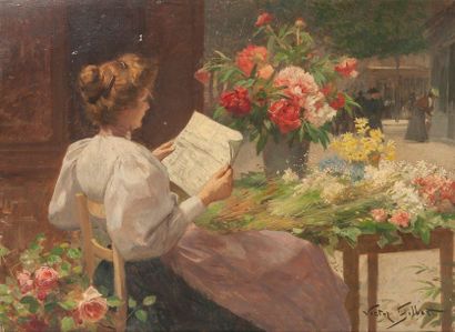 Victor Gabriel GILBERT (1847-1935) 
The flower girl reading.
Oil on mahogany panel.
Signed...