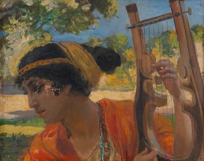 Georges Antoine ROCHEGROSSE (1859-1938) 
Prêtresse à la lyre.
Huile sur toile collée...