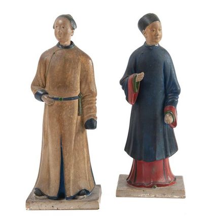 CHINE, Canton (Guangzhou), dynastie Qing (1644-1911), 
Couple de dignitaires.
Deux...