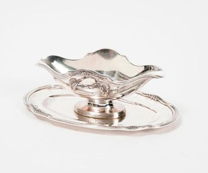 null A silver (950), oval pedestal gravy boat with a screwed plate, edged with fillets,...