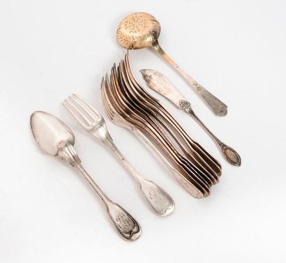 null 
Set of silver cutlery (950) including :

- ten table forks, model with nets,...