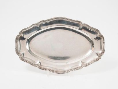 null 
Oval silver dish (950) with scrolled edges underlined with fillets and acanthus...