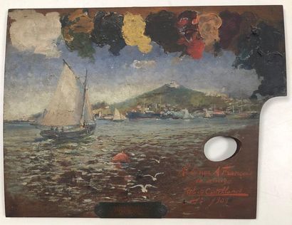 Roberto CASTELLANOS (1871-1942) 

Sailboat returning to port, 1909. 

Oil on palette....