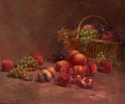 Jules GONDRY (1860-1921) 

Still life with peaches and grape basket. 

Oil on canvas....