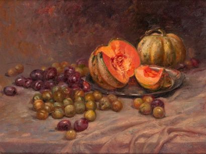Jules GONDRY (1860-1921), attribué à 

Nature morte aux melons et aux prunes. 

Huile...