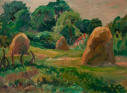 Jacques CHAPIRO (1887-1972) 

Paysage aux meules. 

Huile sur toile. 

Signée en...