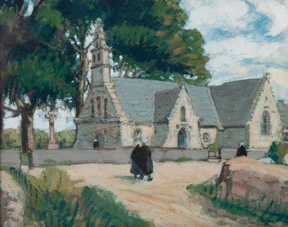 null Ecole du XXème siècle 

Bretonnes marchant devant l'église, circa 1930-40. 

Gouache...