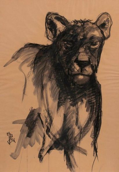 Jean POULAIN (1884-1967) 

La lionne, 193?. 

Fusain et gouache sur papier. 

Signé...