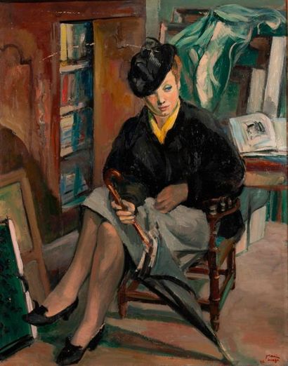 Germaine LACAZE (1908-1994) 

Raymonde à l'atelier, 1942. 

Huile sur toile. 

Signée...