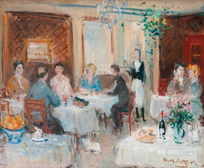 Roger BERTIN (1915-2003) 

Au restaurant. 

Huile sur toile. 

Signée en bas à droite....