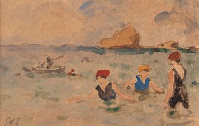 Georges D'ESPAGNAT (1870-1950) 
Trois femmes se baignant et un kayakiste
Aquarelle...