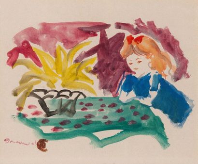 Emilio Grau Sala (1911-1975) 
Jeune fille rousse accoudée à une table
Aquarelle sur...