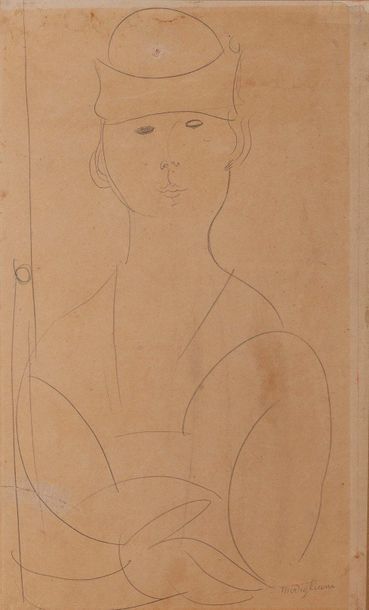 Amedeo MODIGLIANI (1884-1920) 
Femme au bibi, 1916
Pencil on paper pasted on cardboard.
Signed...