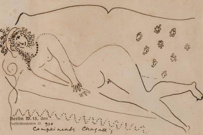 CHAGALL Marc (1887-1985) «Nu couché», dessin original adressé à Madame M. COQUIOT...