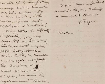 DEGAS Edgar (1834-1917) 
Signed autograph letter addressed to an unknown
Naples,...