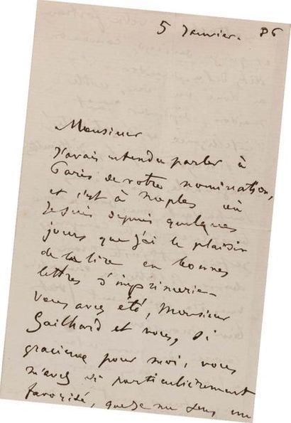 DEGAS Edgar (1834-1917) 
Lettre autographe signée adressée à un inconnu
Naples, 5...