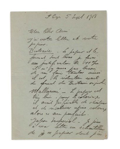 DUFY Raoul (1877-1953) 
Autograph letter signed
Saint-Cyr, September 5, 1918, 3 pages...