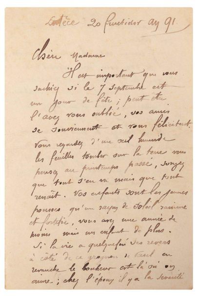 GAUGUIN Paul (1848-1903) 
Signed autograph letter addressed to his wife METTE Lutèce,...
