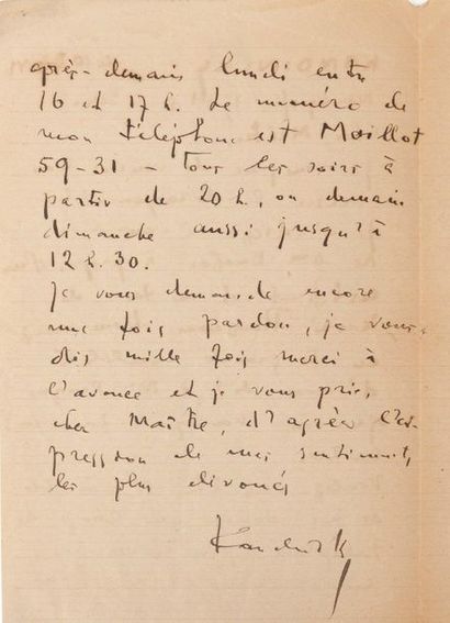 KANDINSKY VASSILY (1866-1944) 
Lettre autographe signée adressée à un inconnu
Neuilly-sur-Seine,...