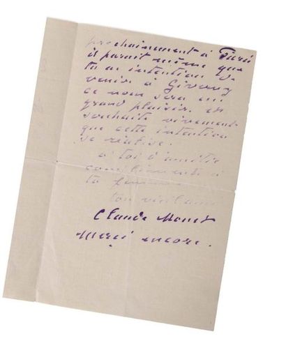 MONET Claude (1840-1926) 
Lettre autographe signée adressée à
Auguste RENOIR S.l.,...