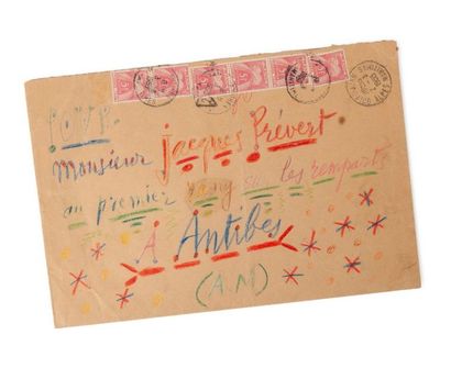 PICASSO Pablo (1881-1973) 
Enveloppe calligraphiée à l'adresse de Jacques PRÉVERT...