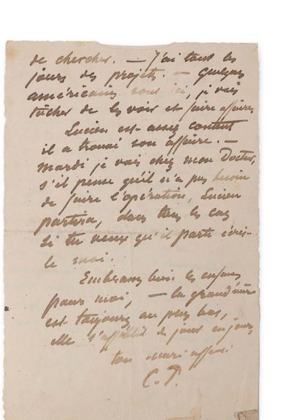 PISSARRO Camille (1830-1903) 
Lettre autographe monogrammée adressée à sa femme Julie
S.l.n.d....